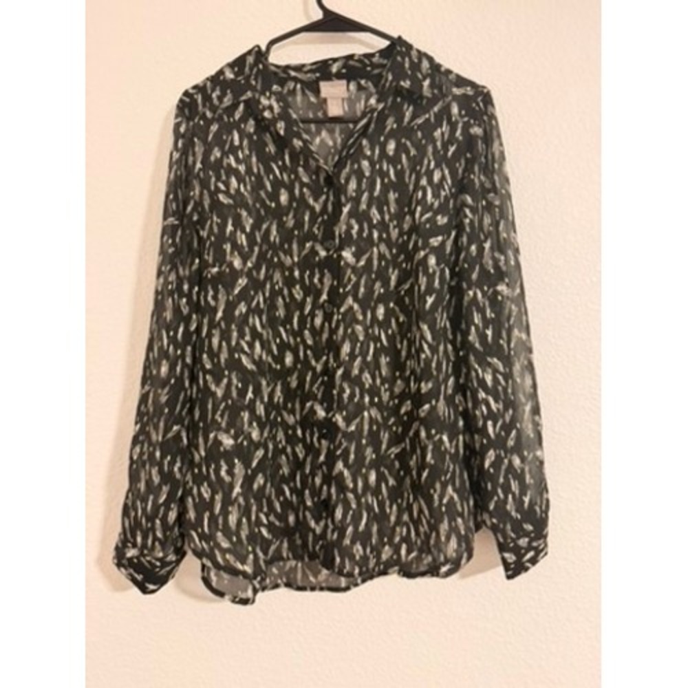 Chicos Black Grey Abstract Gold Foil Chiffon Button Down Blouse Size 1 M Sheer